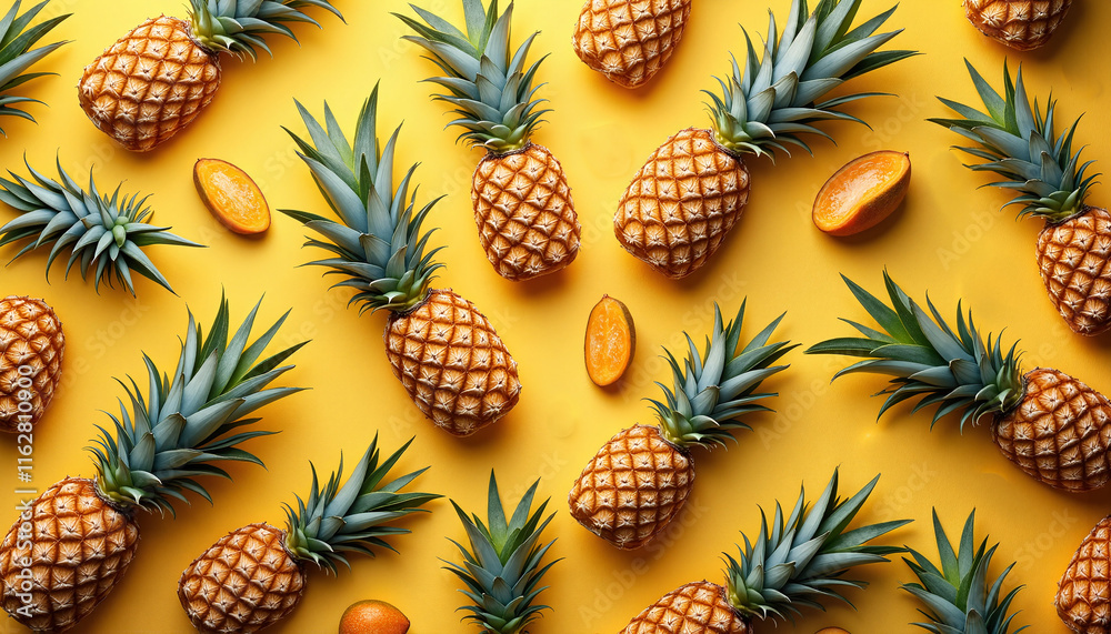 Fototapeta premium Pineapples and sliced fruit pattern on yellow background
