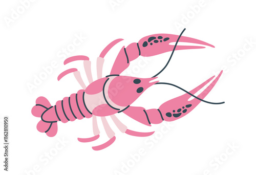 Vibrant pink lobster with detailed claws and antennae, perfect for seafood, marine, and culinary designs. Flat vector illustration isolated on white background