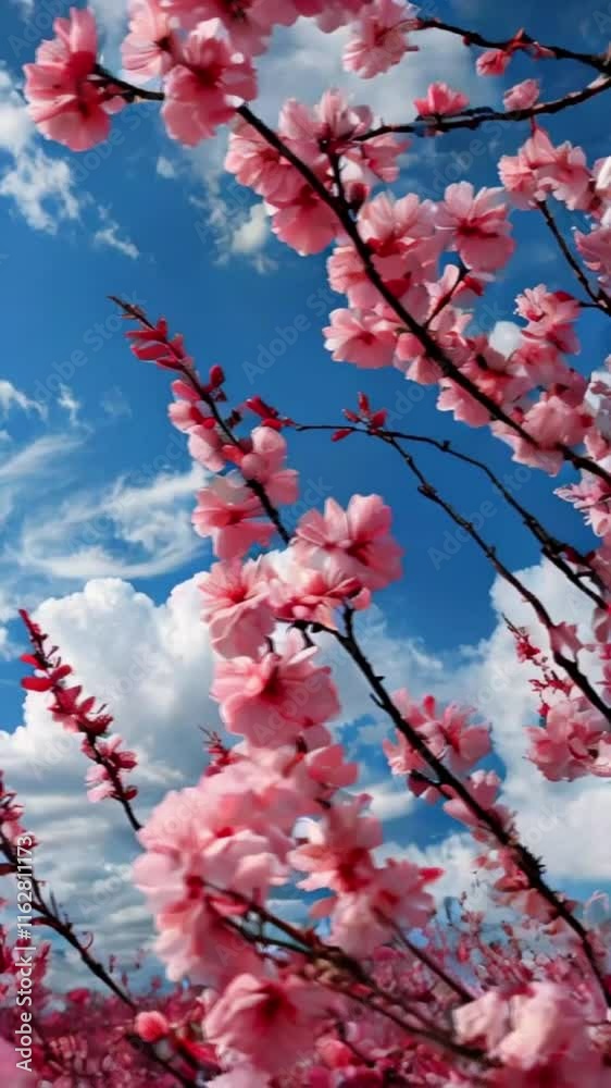 Pink blossoms against swirling blue and white clouds with bold red accents in the foreground, 4k High-Quality Business Wallpaper Background Animation Video Pink blossoms against swirling blue and white clouds with bold red accents in the foreground, 4k High-Quality Business Wallpaper Background Animation Video