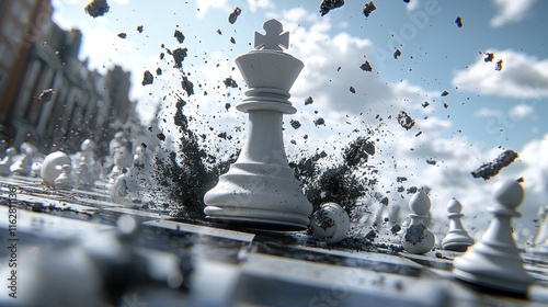 White king piece powerfully exploding on chessboard.