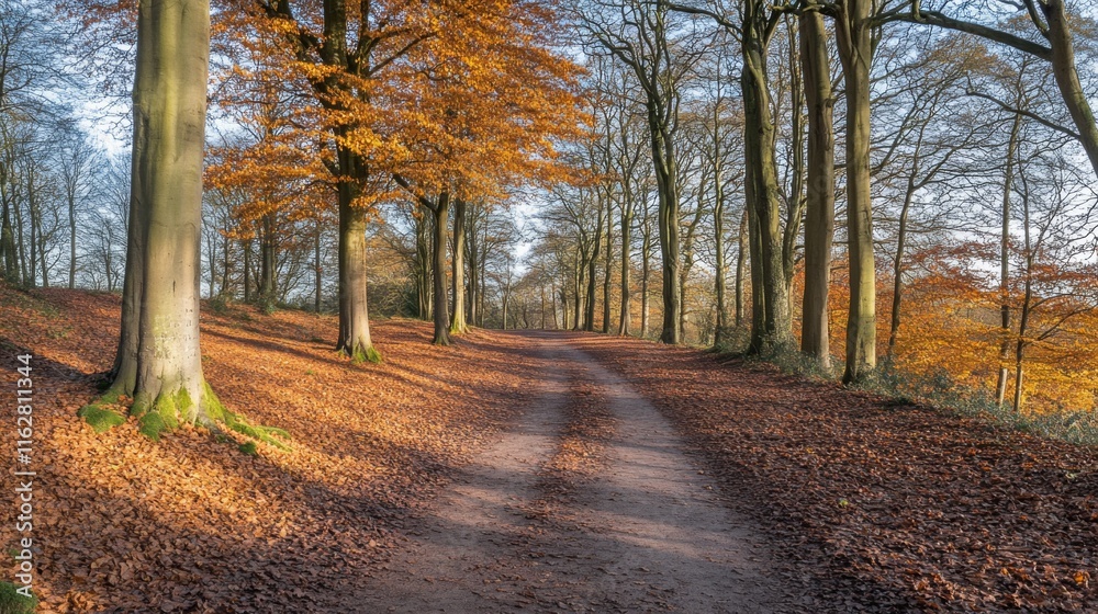 Obraz premium Tranquil Forest Path with Autumn Foliage and Light