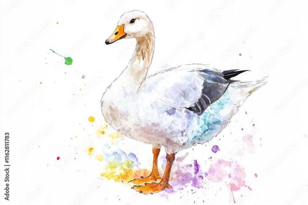 Obraz premium Watercolor painting of a single duck sitting on a clean white surface