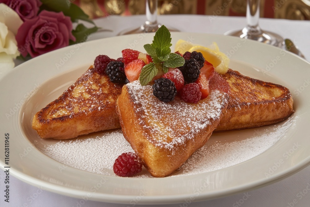 Delightful French Toast Covered with Powdered Sugar and Mixed Berries in Beautiful Morning Light on a Neutral Plate Delightful French Toast Covered with Powdered Sugar and Mixed Berries in Beautiful Morning Light on a Neutral Plate