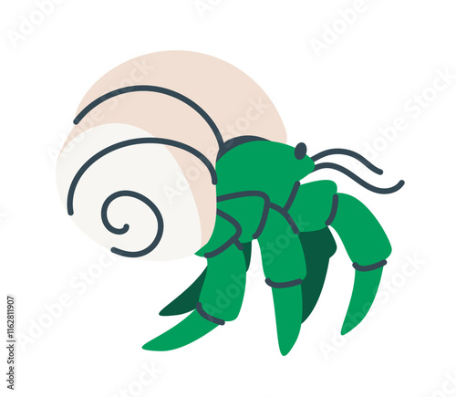 Green hermit crab with a beige spiral shell, drawn in a simple cartoon style on a white background, perfect for marine and animal-themed designs. Flat cartoon vector illustration