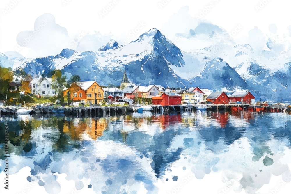 Fototapeta premium Watercolor painting of a serene town on the edge of a lake, ideal for use in travel or tourism contexts