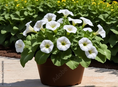 White petunia flowers bloom in a well-kept garden during bright daylight