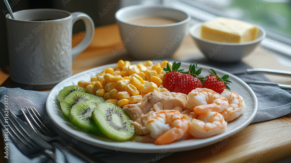Chunks of grilled duck and shrimp with corn and kiwi slices on a white plate. Chunks of grilled duck and shrimp with corn and kiwi slices on a white plate.