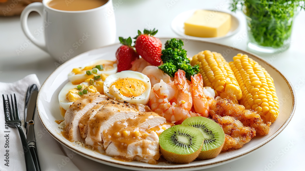 Chunks of grilled duck and shrimp with corn and kiwi slices on a white plate. Chunks of grilled duck and shrimp with corn and kiwi slices on a white plate.