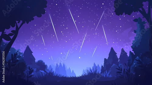 Slow-motion night sky with shooting stars over the forest, purple sky. night landscape. generative ai. Starfall. Illustration photo