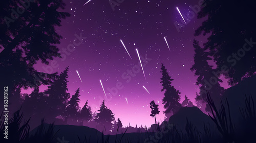 Slow-motion night sky with shooting stars over the forest, purple sky. night landscape. generative ai. Starfall. Illustration photo