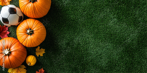 Pumpkins placed on green turf, merging autumn aesthetics with sports themes