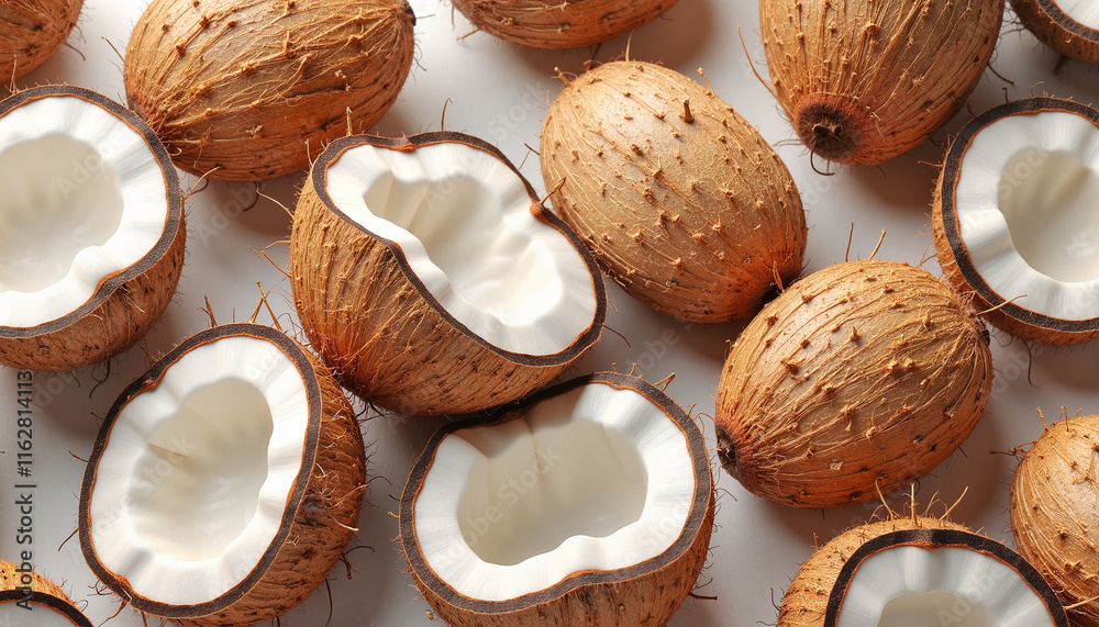 Whole and halved coconuts on white background Whole and halved coconuts on white background