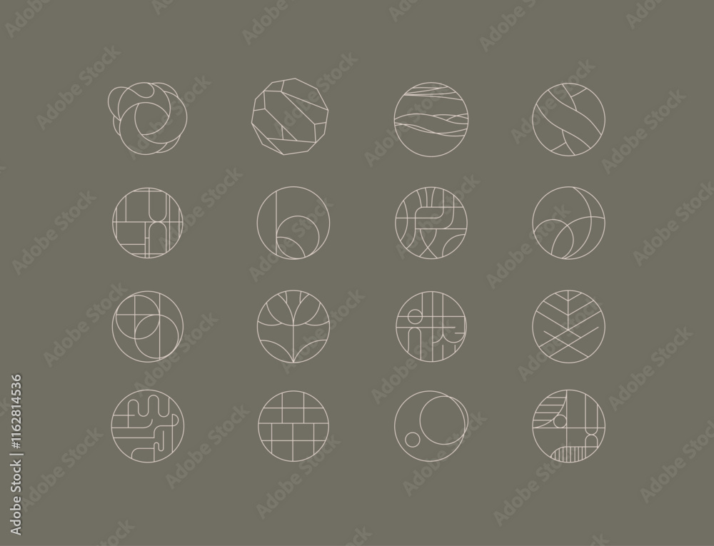 Circle shape icons drawing linear art style on grey background