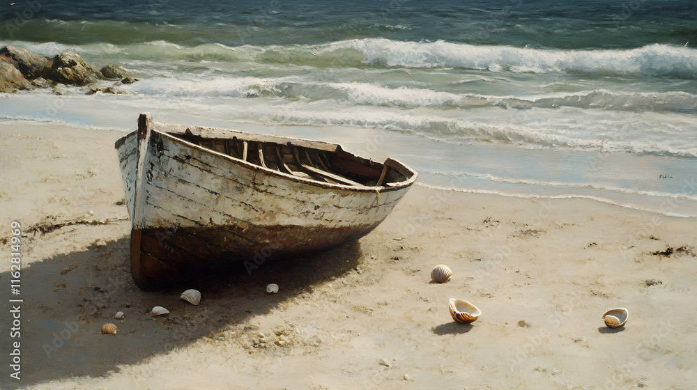 Tranquil Coastal Scene with Weathered Boat Resting on Sandy Shoreline Tranquil Coastal Scene with Weathered Boat Resting on Sandy Shoreline