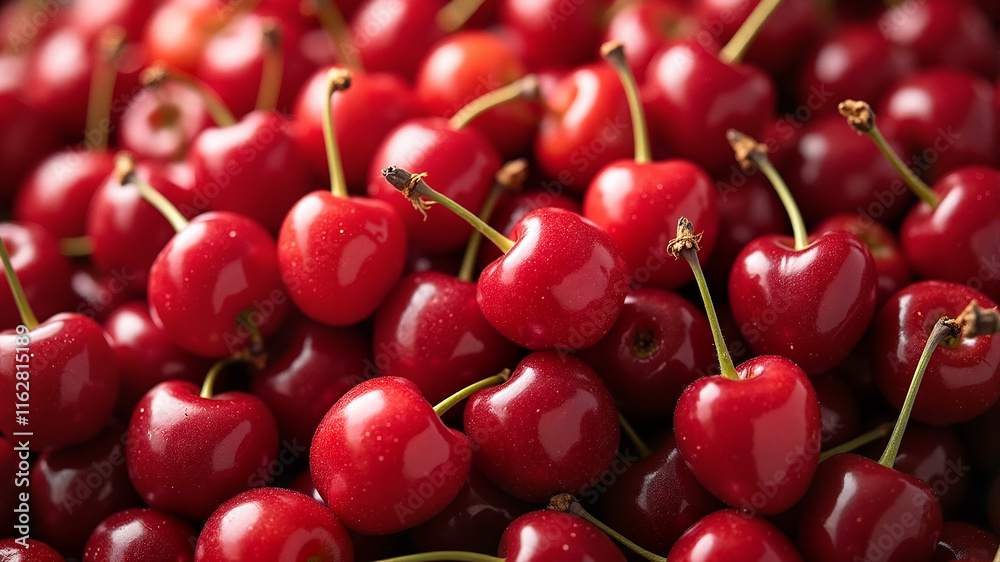 Fresh red cherries with stems in a vibrant close-up Fresh red cherries with stems in a vibrant close-up