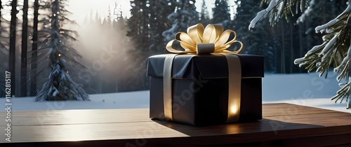 A neatly wrapped gift with natural decorations on a wooden desk surrounded by soft light set against a backdrop of tall snow laden trees photo