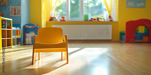 Yellow chair in a quiet kindergarten playroom, conveying themes of waiting and stillness