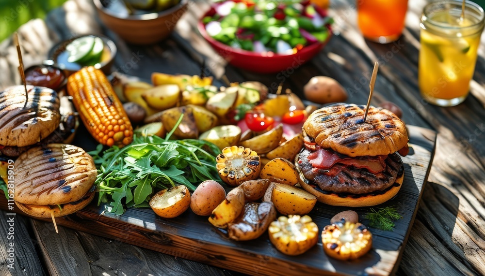 Delicious BBQ Picnic Platter with Grilled Burgers, Corn, and Fresh Salads on Wooden Table Delicious BBQ Picnic Platter with Grilled Burgers, Corn, and Fresh Salads on Wooden Table