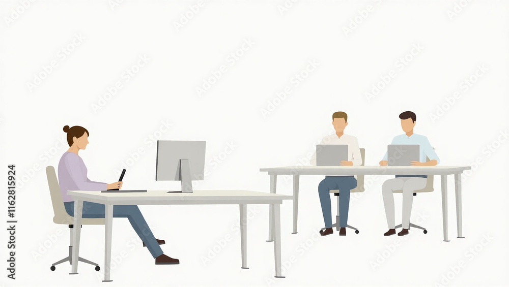 A modern office scene with workers using laptops.
A modern office scene with workers using laptops.