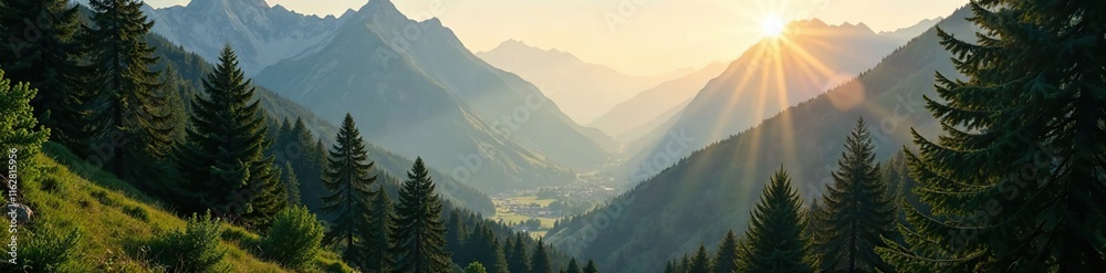 Fototapeta premium Sunlight filtering through a forest of evergreen trees in the mountains, serene, sunlight