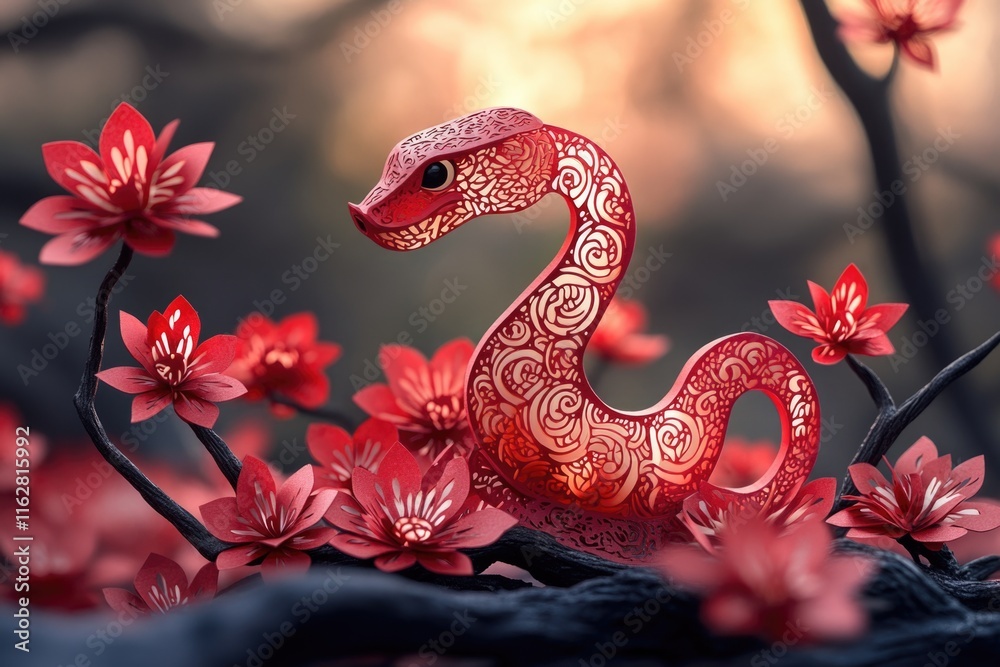 Obraz premium A red plastic or resin snake sits atop a natural tree branch, perfect for decorating or as a prop