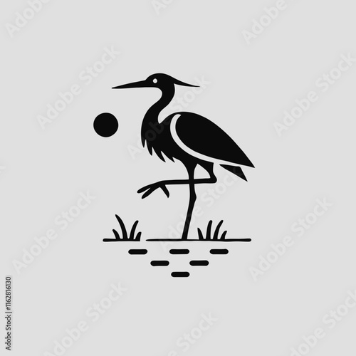 very simple flat and minimalist heron silhouette in black on a white background