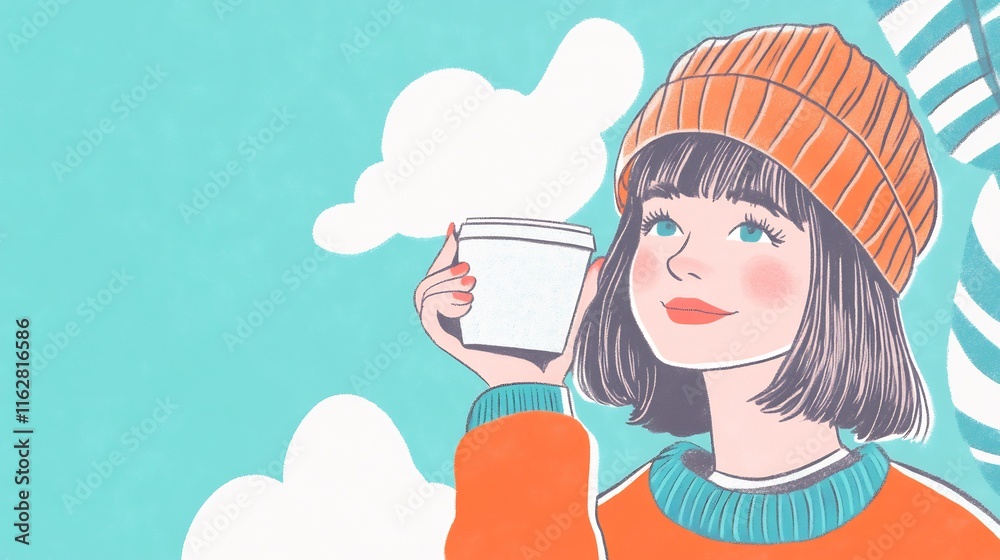 Charming Girl Enjoying Coffee: Cheerful Hand-Drawn Illustration. AI Generated Charming Girl Enjoying Coffee: Cheerful Hand-Drawn Illustration. AI Generated