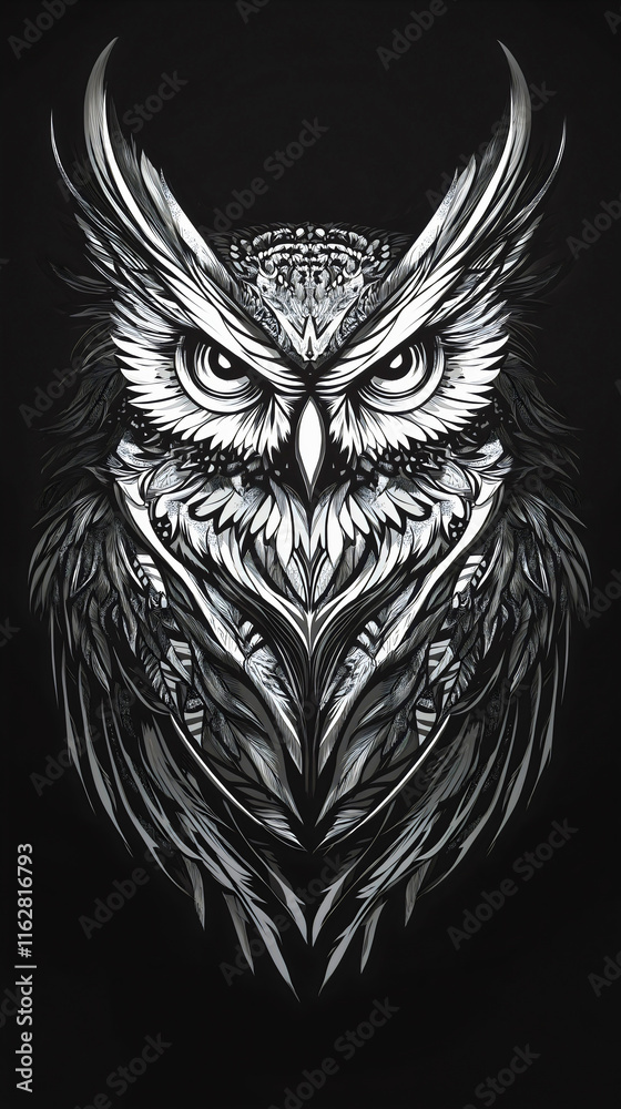 Monochrome owl illustration drawing, hand drawn wildlife character with vintage forest elements, artistic line art design Monochrome owl illustration drawing, hand drawn wildlife character with vintage forest elements, artistic line art design