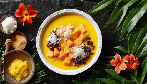 Vanuatu Laplap Dish with Colorful Toppings and Tropical Decor on Dark Background photo