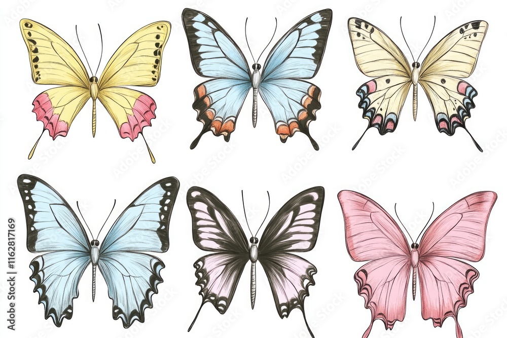 A group of colorful butterflies sit on a white surface, ready for observation or use in various designs A group of colorful butterflies sit on a white surface, ready for observation or use in various designs