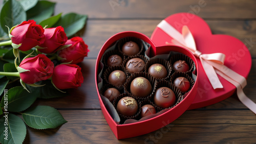 Heart-Shaped Box of Chocolates and Red Roses on Wooden Table for a Romantic Valentine's Day Gift