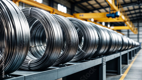 A warehouse environment with large industrial coils of metal steel wire stacked on a long, metal rack.