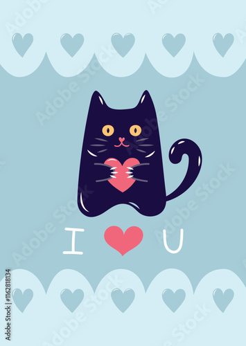 Valentine's Day Card with Cute cat. Simple cute greeting card. Vector illustration.