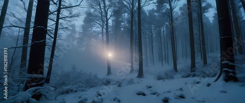 A dramatic shot of a snowstorm blanketing a forest where trees are heavy with snow and the landscape looks like a winter wonderland photo