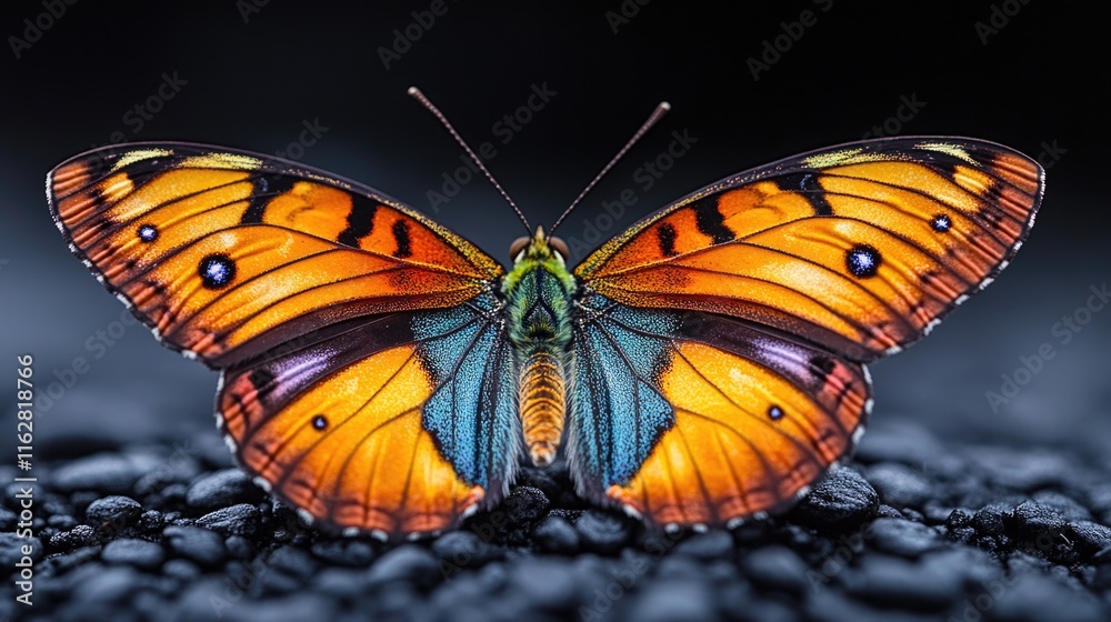 Obraz premium Colorful butterfly perched on dark volcanic rocks, great for nature and adventure scenes