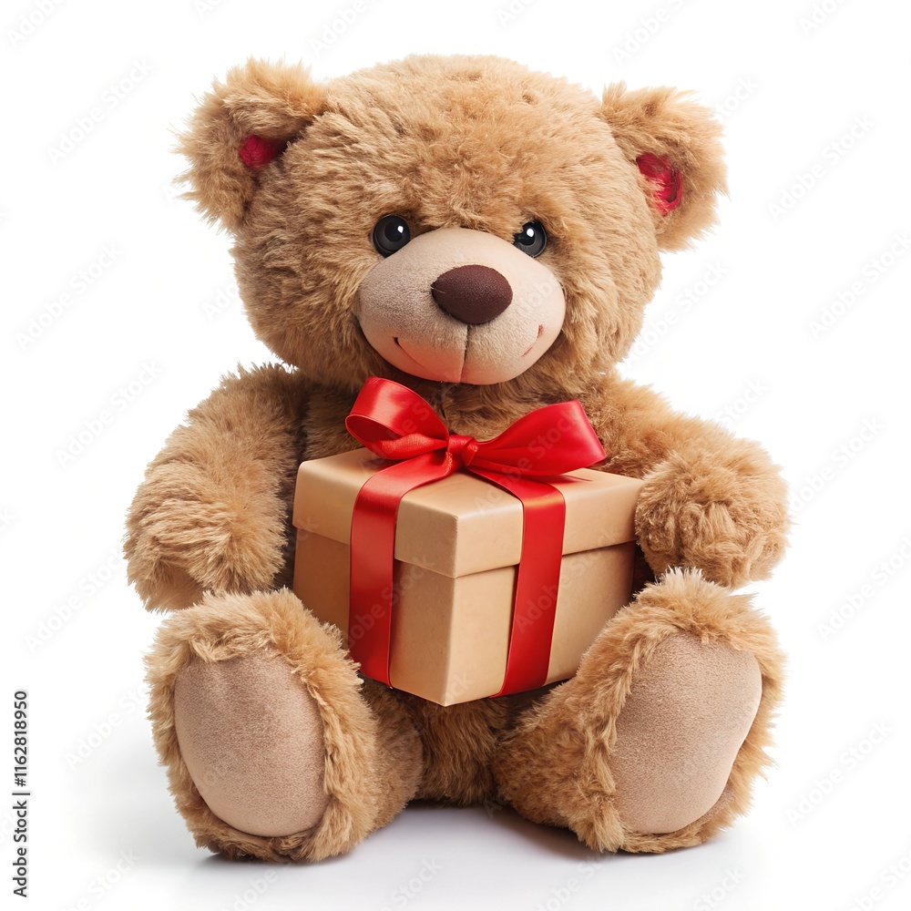 Fototapeta premium Teddy bear with present box with white background