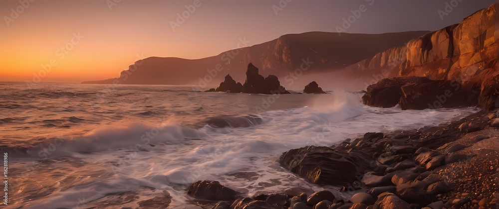 Obraz premium A breathtaking view of a rocky beach at sunset where the sky is painted in warm colors and the waves gently crash against the shore