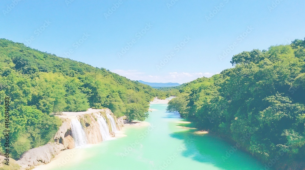 Naklejka premium Stunning Wide Shot Photo: Serene Waterfall Cascadng into Vibrant River Valley. AI Generated