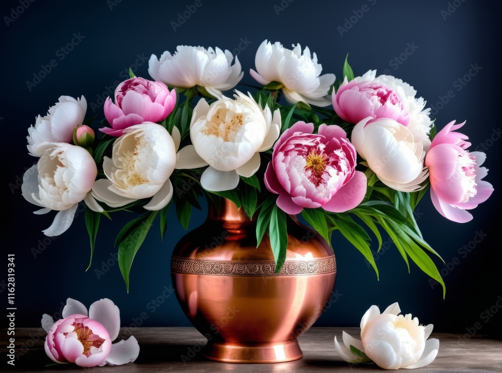 Beautiful arrangement of peonies in a copper vase against a dark background highlighting fresh blooms Beautiful arrangement of peonies in a copper vase against a dark background highlighting fresh blooms
