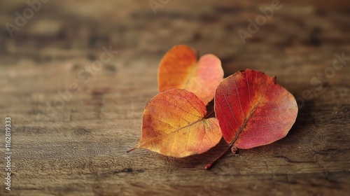 Three autumn leaves on wooden surface. photo