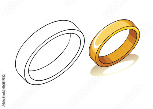 A detailed coloring page of a sharp gold ring with intricate designs, reflecting studio lights. Highlights and shadows emphasize its metallic sheen and elegance.