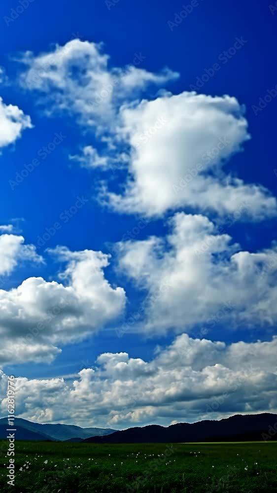Bright blue sky filled with fluffy white clouds over a scenic landscape during midday Bright blue sky filled with fluffy white clouds over a scenic landscape during midday