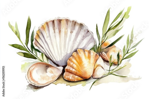 Delicate watercolor painting featuring shells and leaves