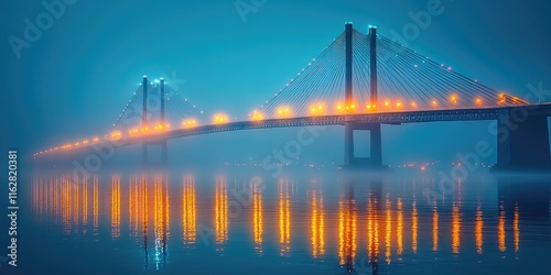 A sleek suspension bridge lights up against a backdrop of misty water and distant lights. photo