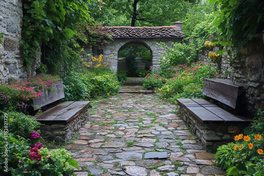 Medieval courtyard garden with stone benches Medieval courtyard garden with stone benches