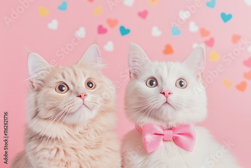 two cats one wearing a pink bow on a pastel pink solid color background, heart confetti, Valentines Day card
