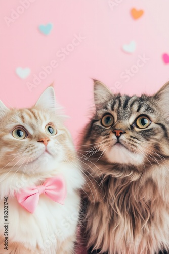 two cats one wearing a pink bow on a pastel pink solid color background, heart confetti, Valentines Day card