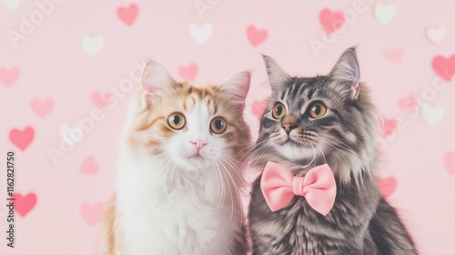 two cats one wearing a pink bow on a pastel pink solid color background, heart confetti, Valentines Day card