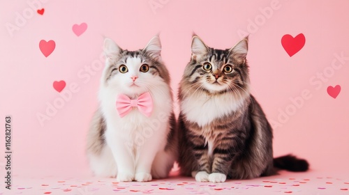 two cats one wearing a pink bow on a pastel pink solid color background, heart confetti, Valentines Day card