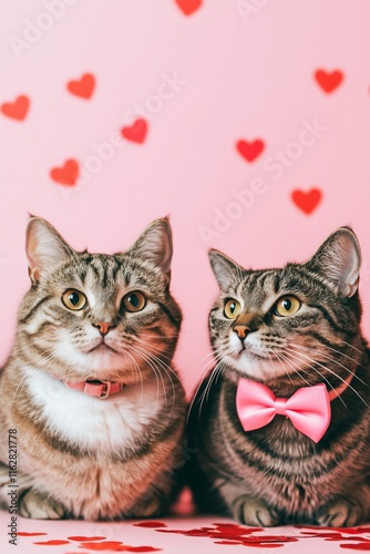 two cats one wearing a pink bow on a pastel pink solid color background, heart confetti, Valentines Day card